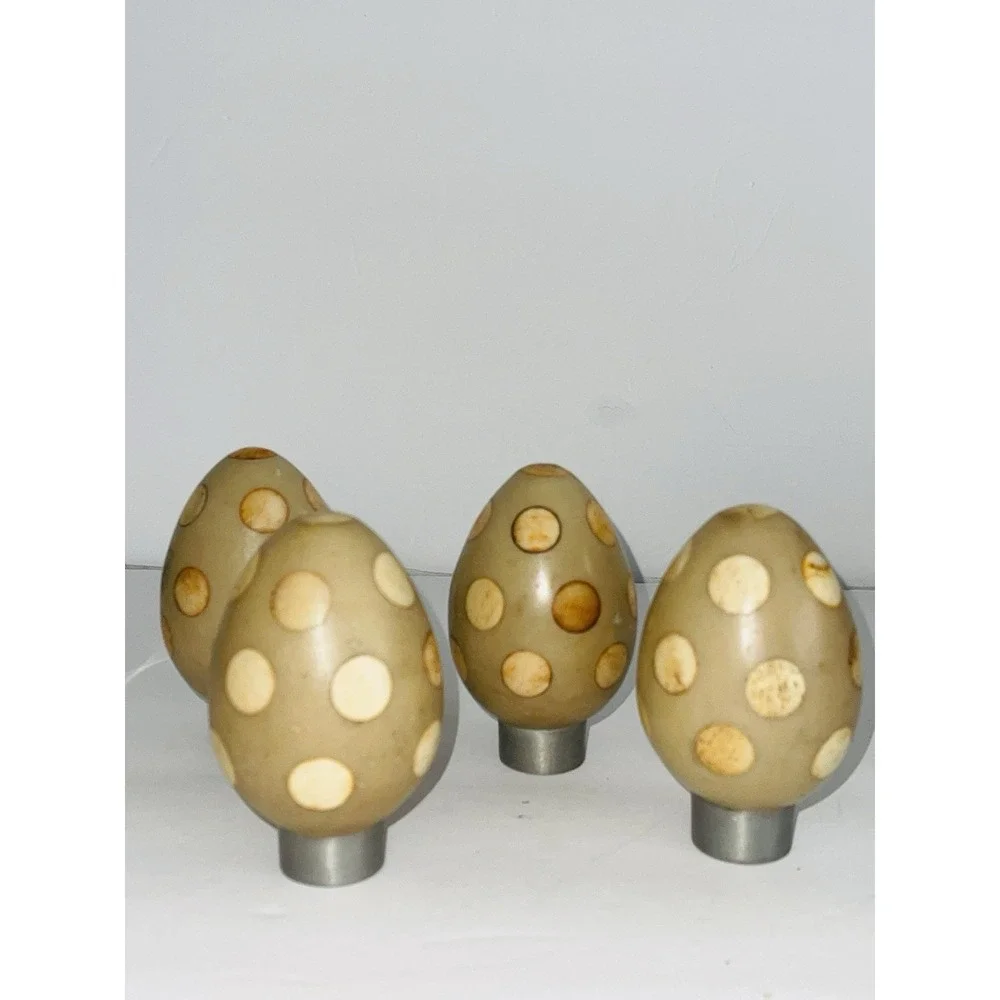 Set of 4 Vintage Resin & Bone Inlay Egg Finials | Polka Dot Curtain Rod Ends
